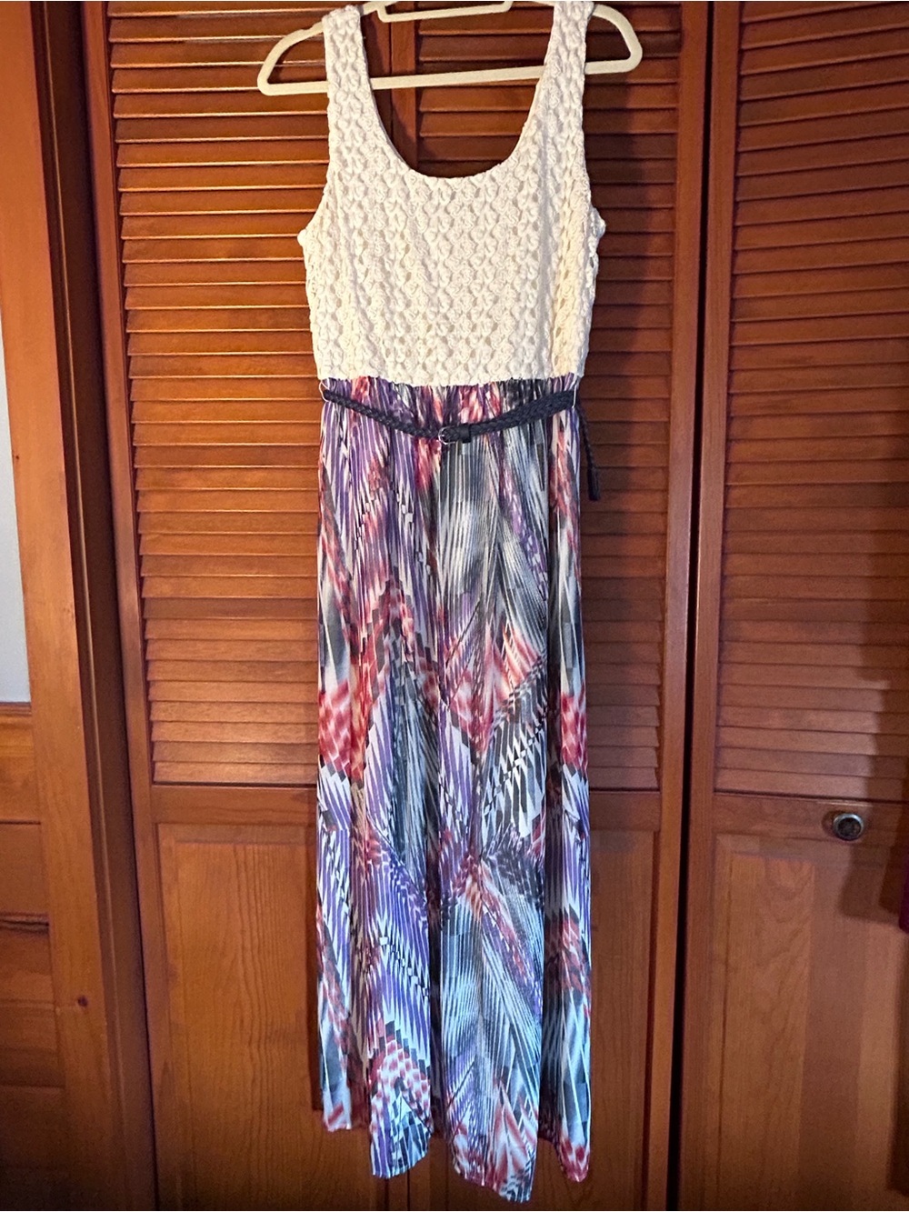 Lily Rose White Crochet Bodice Maxi Dress with Multicolor Skirt